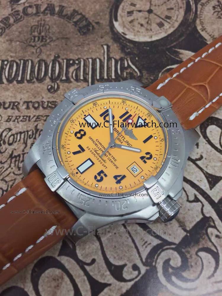 Clone SS Yellow Face Brown Leather Breitling Avenger Watch